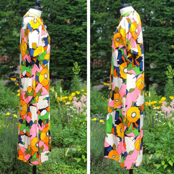 Vintage 60s/70s Psychedelic Floral Citrus Fruit Flower Power Hostess Maxi Dress - Picture 8 of 16